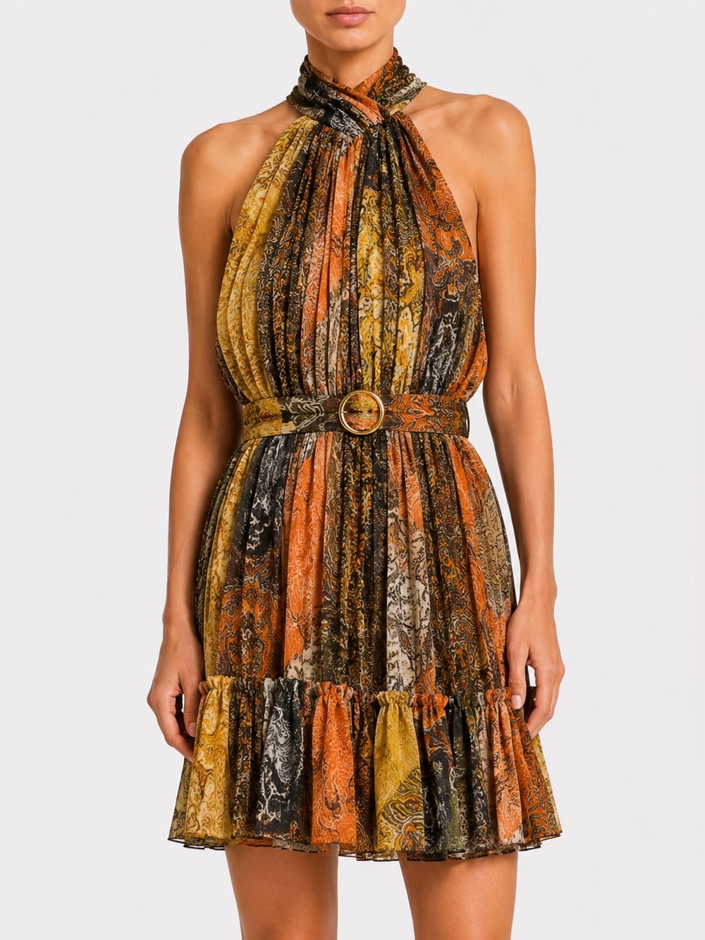 Zimmermann Ninety Six Patchwork Fit & Flare Silk Smock Halter Dress | 2